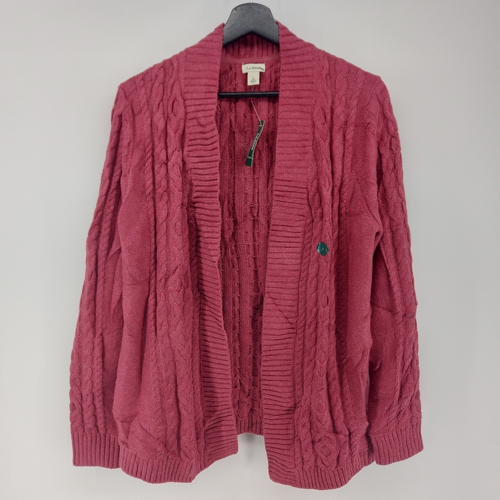 L.L. Bean Cardigan Sweater Double L Cableknit Open Size Large